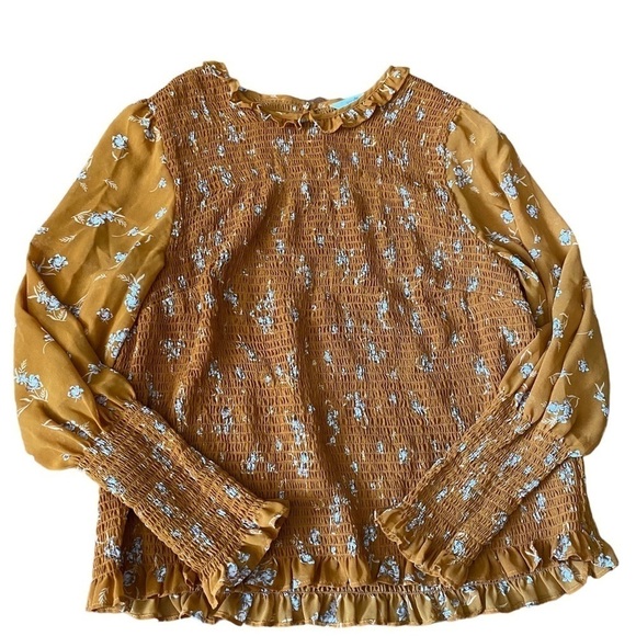 Terra and Sky Mustard Ruffled Scoop Neck Ruched Long Sleeve Blouse (size 2x) - Picture 1 of 10
